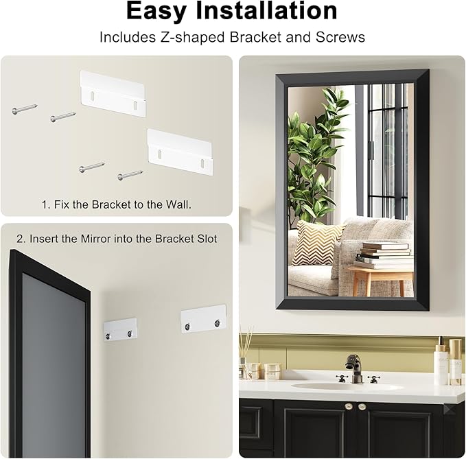 Black Bathroom Mirror for Over Sink, 22x30Inch Thick Anti-Rust Metal Frame, Rectangle Decorative Wall Mirror with HD Tempered Glass Horizontal or Vertical Mount for Vanity, Bedroom, Living Room