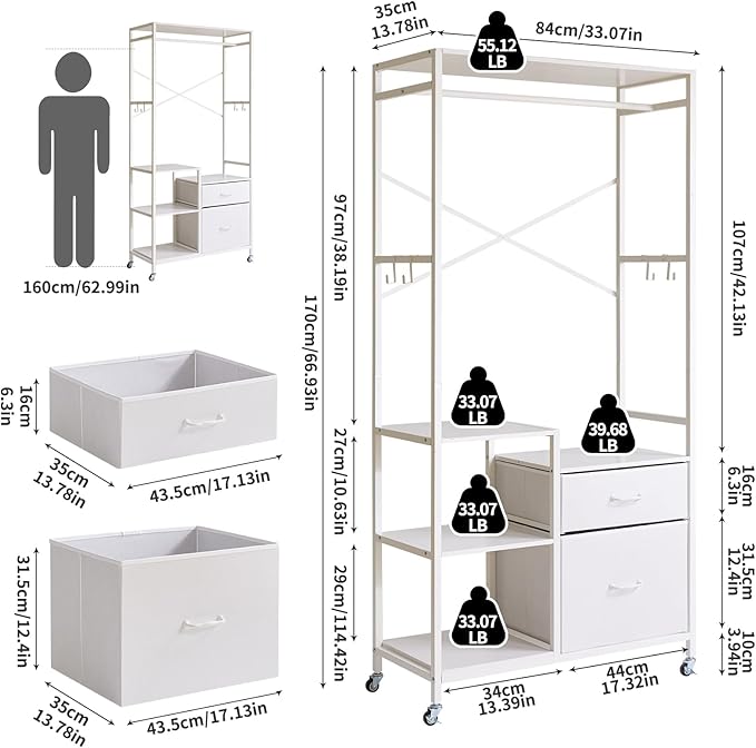 Clothes Rack for Hanging Clothes, 2 Drawers, Heavy Duty Garment Racks with Shelves, Clothes Rack with Hanging Hooks, White YD-TM080W