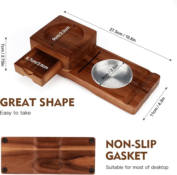 Scotte Ashtray Coaster Whiskey Glass Tray & Wooden Ash Tray with Cigar Cutter, Includes Drawer and Cigar Slot - Great for Home, Office or Outdoor Use (Deep Brown)