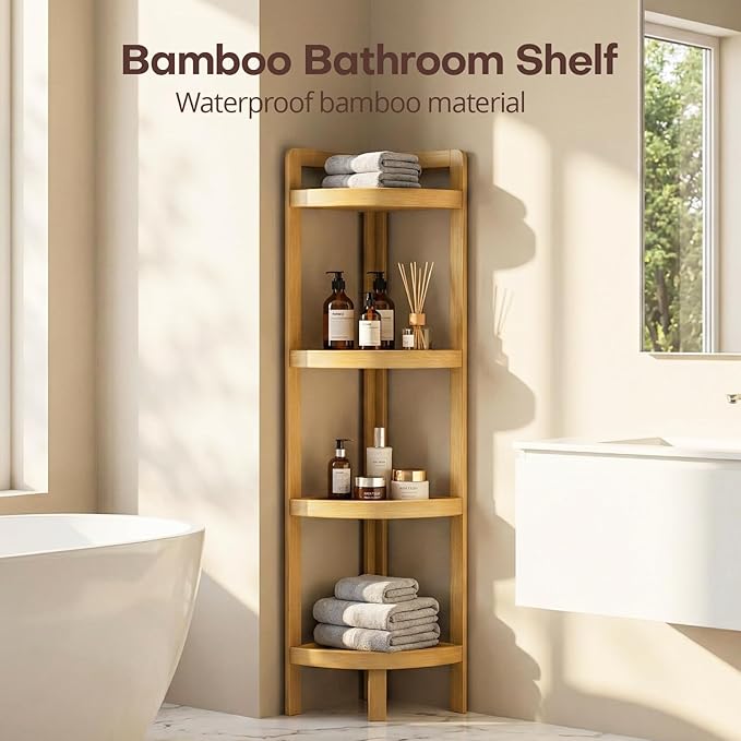 2026 New Bamboo Standing Shelf, 4 Tier Corner Shelf Stand, Free-Standing Shelf Units, Triangular Curved Corner Shelf Stand for Space-Saving Display Ideal for Bathroom/Kitchen/Living Room Storage