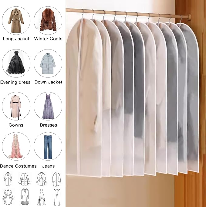 60Inch Garment Bags for Hanging Clothes, Dress Cover Bags for Gowns Long Clothes Cover Translucent Coat Covers for Closet with Zipper for Suits Dresses Dust Bag Clothing Bags 6 Pack