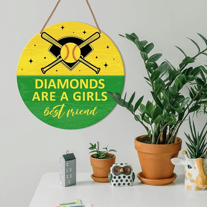 HSNBT Softball Decor for Girls Bedroom, Softball Sign Decor for Home Front Door Bedroom Porch Sport Wall Hanging Signs Decorations Gift for Softball Player Girl, Diamonds Are a Girls Best Friend