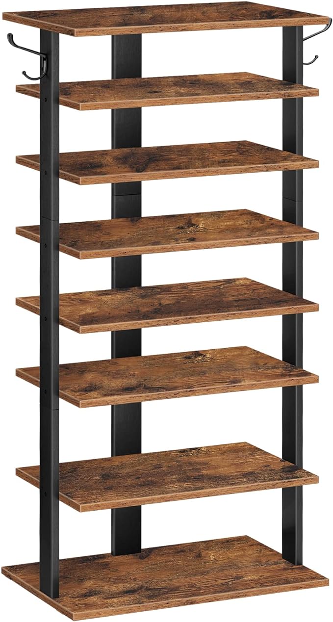HOOBRO 8 Tiers Vertical Shoe Rack, Wooden Shoe Storage Organizer with Hooks, Narrow Shoe Tower for 16 Pairs, Space Saving, for Entryway, Living Room, Bedroom, Rustic Brown BF750XJ01