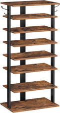 HOOBRO 8 Tiers Vertical Shoe Rack, Wooden Shoe Storage Organizer with Hooks, Narrow Shoe Tower for 16 Pairs, Space Saving, for Entryway, Living Room, Bedroom, Rustic Brown BF750XJ01