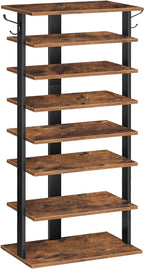 HOOBRO 8 Tiers Vertical Shoe Rack, Wooden Shoe Storage Organizer with Hooks, Narrow Shoe Tower for 16 Pairs, Space Saving, for Entryway, Living Room, Bedroom, Rustic Brown BF750XJ01