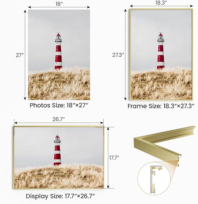 18x27 Aluminum Metal Picture Frame,Tempered Glass Gold Photo Frame 18x27 for Family Photo,Posters,Art,Document to Wall Mount