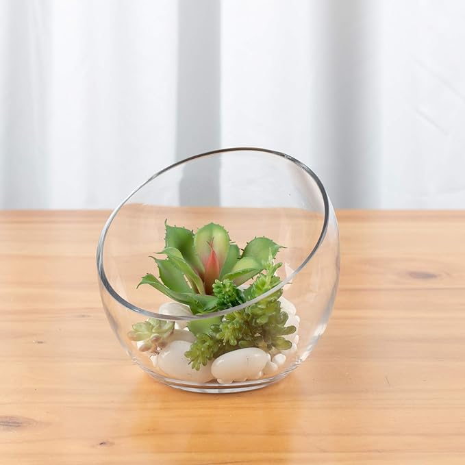 WGV Slant Cut Bowl Glass Vase Bulk, Width 7", Height 6", Clear Terrarium, Candy Dish, Fruit Jar, Floral Container for Wedding Party Event, Home Office Decor, 8 Pieces