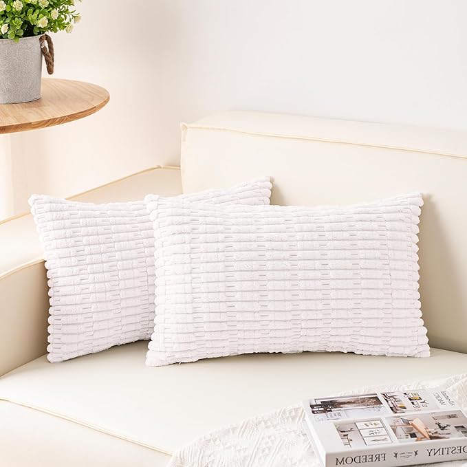 Aegero Pack of 2 Corduroy Decorative Throw Pillow Covers 12x20 Inch Soft Striped Pillow Covers Modern Farmhouse Home Decor for Sofa Living Room Couch Bed（White）