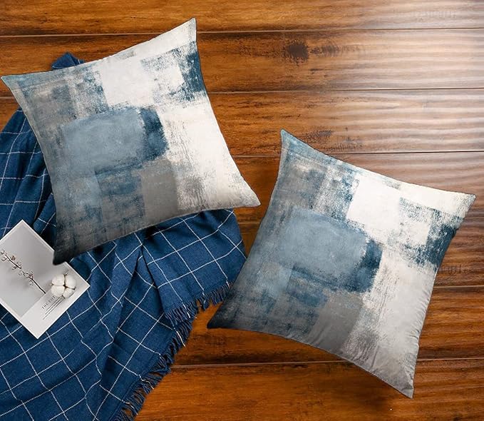 Grey Blue Abstract Art Artwork Pillow Cover, Gallery Modern Decorative Throw Pillows Cushion Cover for Bedroom Sofa Living Room 26 x 26 Inch Set of 2
