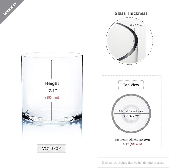 WGV Cylinder Vase Bulk, Width 7", Height 7", Clear Wide Large Diameter Flower Glassware, Floral Container, Planter Terrarium for Wedding Party Event, Home Accent Decor, 6 Pieces