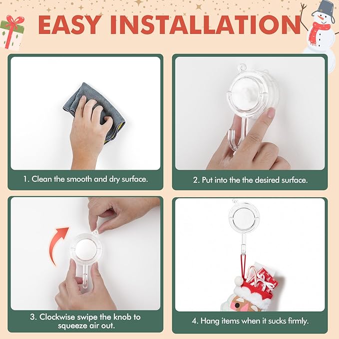 VIS'V Wreath Hanger, Large Twist Lock Suction Cup Wreath Hooks, Heavy Duty, 22 LB Capacity, Removable and Reusable, Round, Clear, 4 Pcs