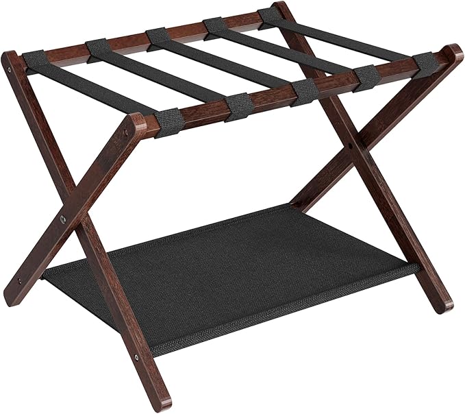 HOOBRO Luggage Rack, Bamboo Suitcase Stand, Folding Luggage Holder, with Nylon Straps and Oxford Fabric Shelf, for Guest Room, Hotel, Bedroom, Brown and Black BR17XL01G1