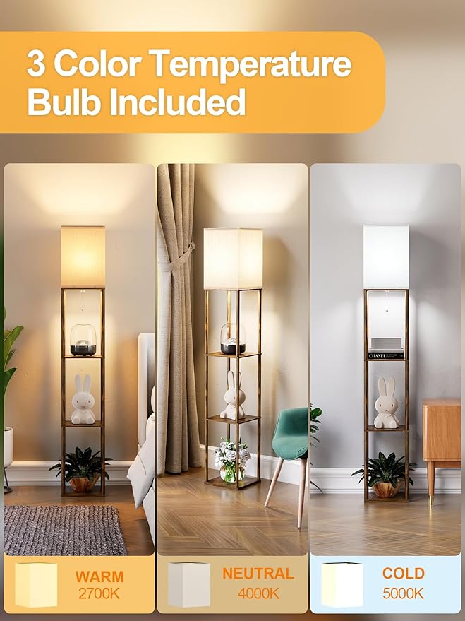 Floor Lamp with Shelves for Living Room Brown, Shelf Floor Lamp with 3 CCT LED Bulb, Corner Display Standing Column Lamp Etagere Organizer Tower Nightstand with White Linen Shade for Bedroom