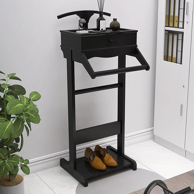 Wooden Valet Stand for Men, Suit Valet Stand with Top Tray, Storage Drawer, Bottom Shoe Rack, Freestanding Clothes Rack for Living Room, Entryway, Bedroom (Black with 1 Storage Drawers)