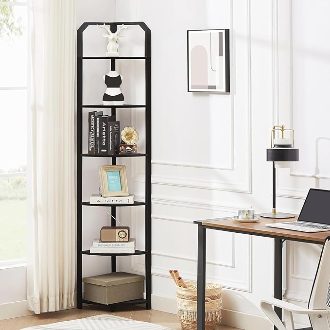 MNEETRUNG 71" Corner Shelf,6 Tier Industrial Corner Bookshelf, Freestanding Shelf Stand for Small Space,Home Office,Living Room,Bedroom,Black