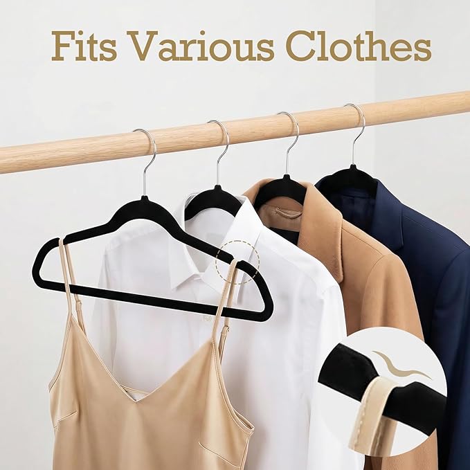 HOUSE DAY Black Velvet Hangers 60 Pack, Non Slip Clothes Felt Hanger Heavy Duty for Coat, Premium Slim Space Saving Suit Hangers for Closet Organizer, 360° Rotating Silver Hook