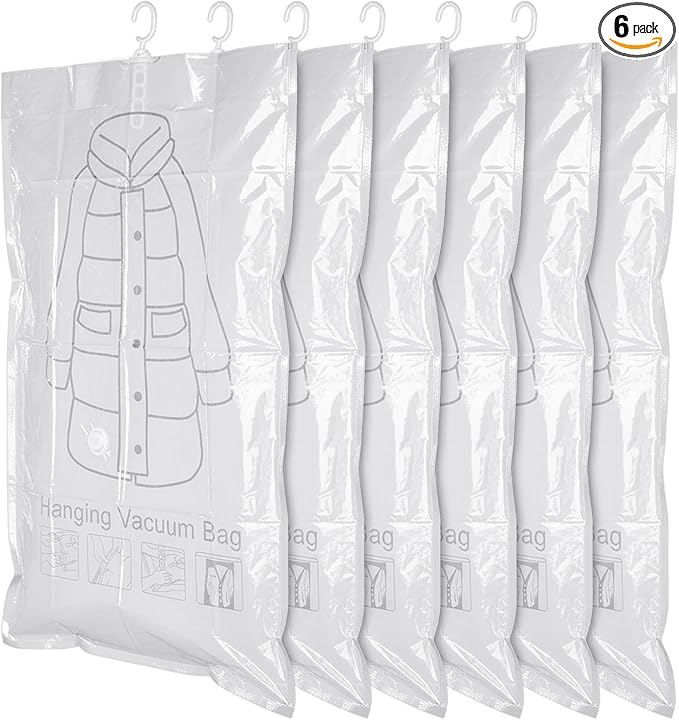 6 Pack Hanging Vacuum Storage Bag, 43.3 x 27.6 inch Hanging Vacuum Sealer Storage Space Saver Bags, Reusable Space Saver Bags, for Suits, Dress, Jackets, Clear