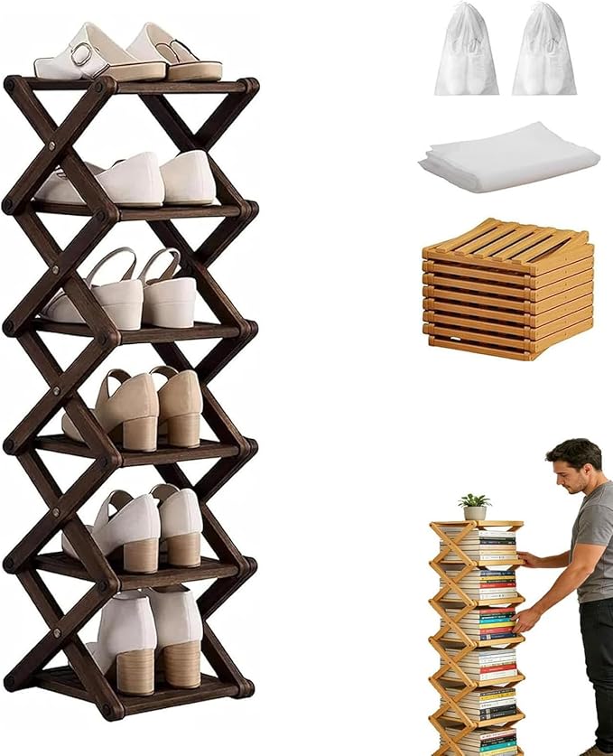 The 6-Tier No-Assembly Bamboo Rack, Bamboo Shoe Rack, Foldable Shoe Rack, Space Saving Collapsible Shelves for Entryway, Closet, Bathroom, Bamboo Shoe Rack, Foldable Shoe Rack (Brown, 6Tier)