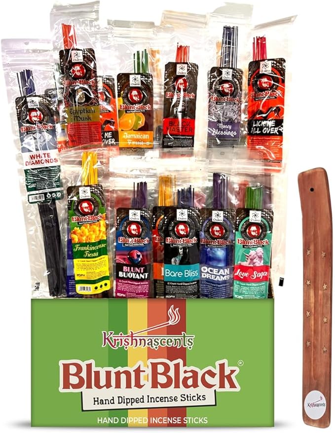 Blunt Black Hand-Dipped Incense Sticks | Premium 12 Assorted Packs - 144 Sticks, 11" Long | Aromatherapy with Long Burn Time | Free Wooden Stick Holder (Scents May Vary)