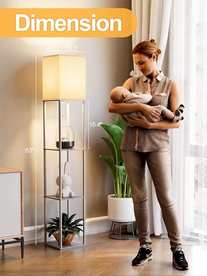 Floor Lamp with Shelves for Living Room Oak Gray, Shelf Floor Lamp with 3 CCT LED Bulb, Corner Display Standing Column Lamp Etagere Organizer Tower Nightstand with White Linen Shade for Bedroom Office