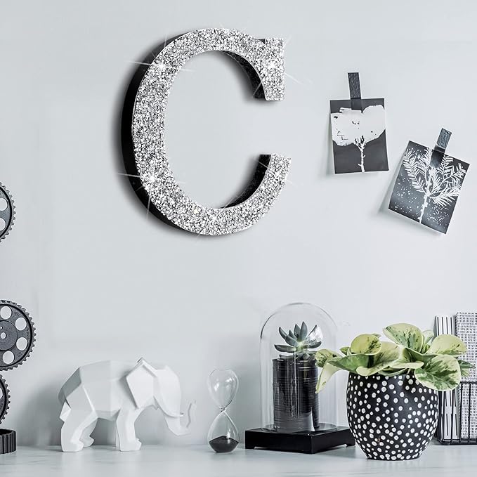 Qunclay 5.7" Silver Crystal Diamond Bling Letters Crushed Diamond Decoration Wooden Glitter Letter with Screw and Hooks Rhinestone Gift for Wedding Y2k Mcbling Bedroom Wall Decor (Letter C)
