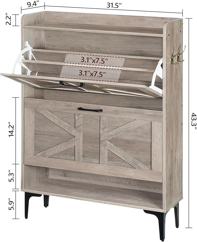 Shoe Storage Cabinet, Shoe Organizer with 2 Flip Drawers, Hidden Shoe Storage for Entryway, Freestanding Shoe Cabinet Organizer with Open Storages, Greige SHHG9401