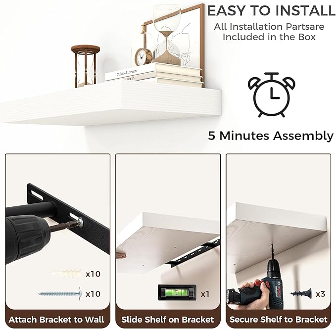 Venusmiles Floating Shelves for Wall, 36 Inch Wide x 12 Inch Deep Floating Shelves, Long Wood Floating Wall Shelf Shelves for Living Room Bathroom Bedroom Kitchen Home - (White, 36" W x 12" D x 2" H)