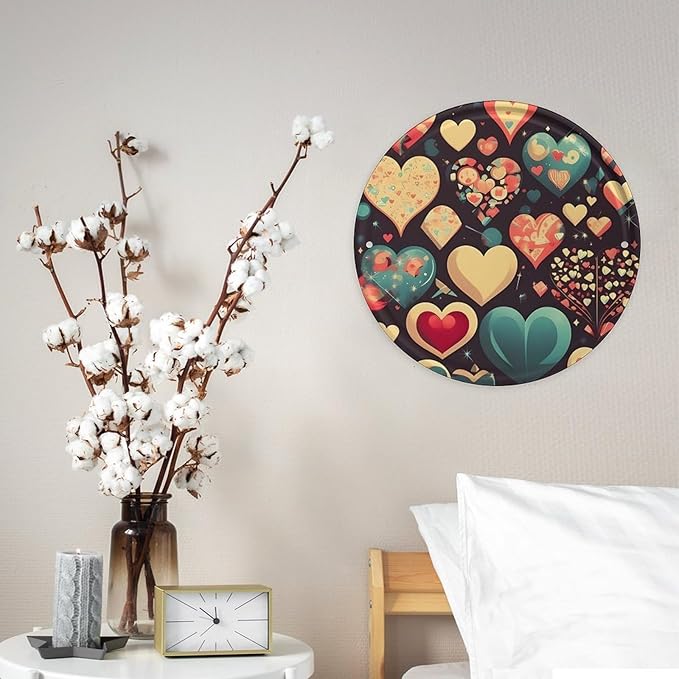 Wall Picture, with Heart Crush Flower Printed Circular Iron Hanging Picture,Wall Art Decor,Home for Bedroom Living Room Bathroom Decor,Iron Painting 11.8X11.8 in