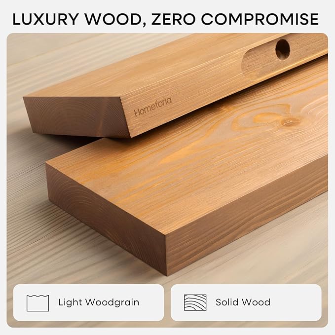 Homeforia 24 inch Golden Oak Floating Shelf, High End Solid Real Wood 24inch Small Floating Shelves for Wall Mounted, Oak Wooden 24in Floating Shelves, Heavy Duty Bracket, 24 X 6.5 X 1.75 in, Set of 3