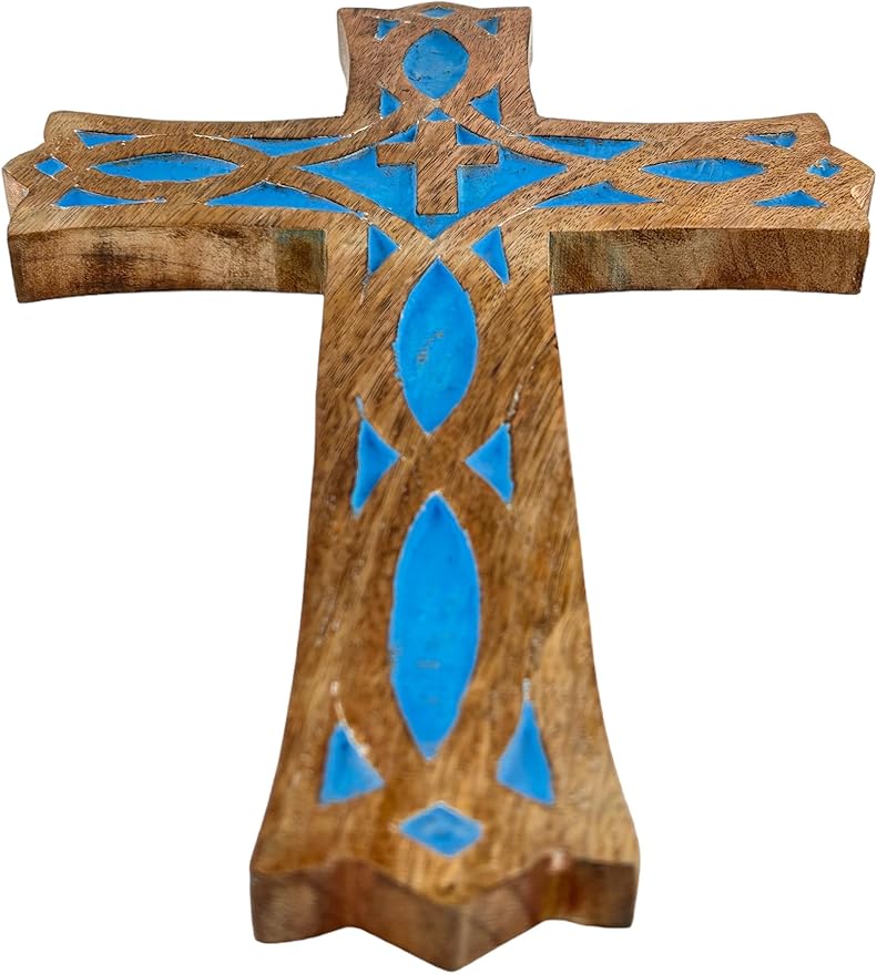 S.B.ARTS Wooden Wall Cross Handmade Wall Crucifix with Hand Carvings Cross for Baptism Gifts - Christians Spiritual Hanging Ornament for Wall Decor and Church - (Blue, 12 Inches)