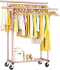 Double Rods Clothes Rack, Sturdy Rolling Clothing Rack, Portable Clothing Racks for Hanging Clothes - Metal Garment Rack Wardrobe Coat Rack for Bedroom Laundry Living Room, Pink