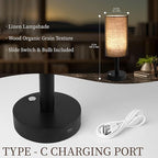LALISU Small Table Lamp Nightstand Lamp Linen Lampshade Bedroom Wood Base Small Bedside Lamp for Night Stands, Desk Lamps for Reading Living Room, Office (LED Bulb Included) (Black and Cordless)