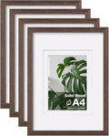 Egofine A4 Picture Frames Set of 4, Made of Solid Wood Covered by Plexiglass 5x7 and 6x8 with Mat or A4 without Mat, for Table Top Display and Wall Mounting Photo Frame Brown