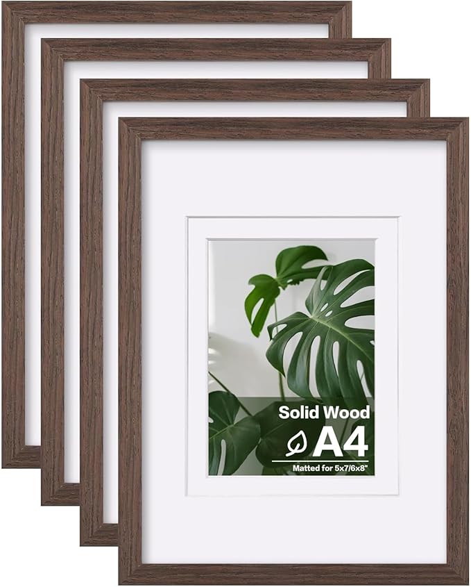 Egofine A4 Picture Frames Set of 4, Made of Solid Wood Covered by Plexiglass 5x7 and 6x8 with Mat or A4 without Mat, for Table Top Display and Wall Mounting Photo Frame Brown