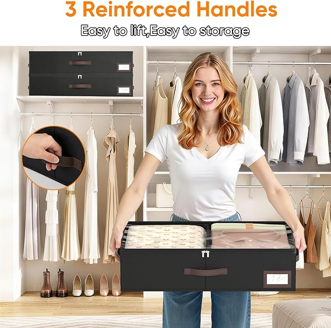 OIAHOMY 2 Pack Under Bed Storage, 6 Inch High Under Bed Storage Containers with Adjustable Dividers, Dual Zippers, &Clear Lid, 38L Under Bed Drawers For Clothes, Blankets, Clothing, & Shoes, Black