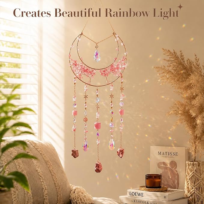 AWLEE Crystal Dream Catcher Pink, Boho Moon Dream Catchers for Adults Girls, Handmade Crystal Dreamcatcher Wall Hanging for Bedroom Living Room Window Garden Décor