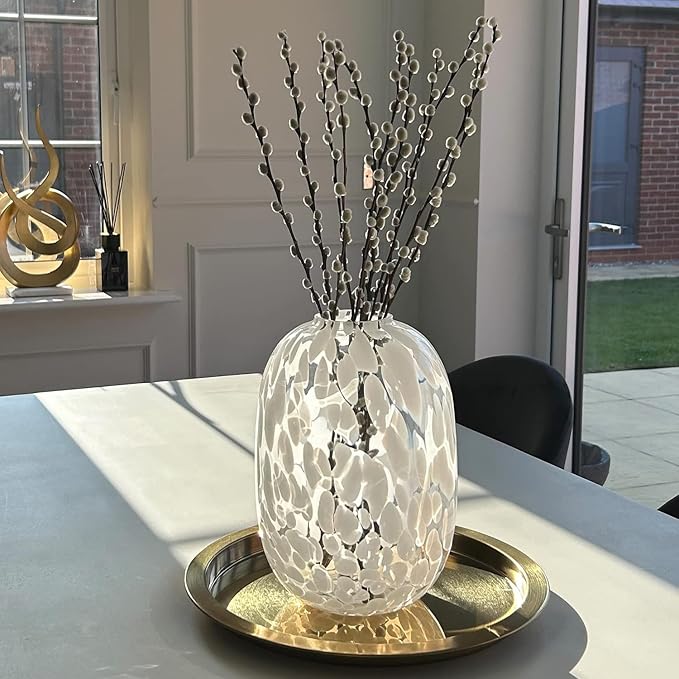 White Glass Vase, Large Glass Vase for Flowers, Modern Flower Vases, Tall Floor Vases for Living Room, Dining Table, Mantle, Shelf, Wedding, Office, 10 Inches
