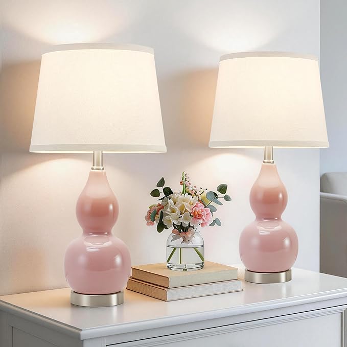 GyroVu 22" Table Lamp Set of 2, Color Temperature Adjustable Double Gourd Ceramic Lamps Classic Nightstand Table Lamps for Bedroom Beside Lamps for Living Room, Pink-Bulbs Included