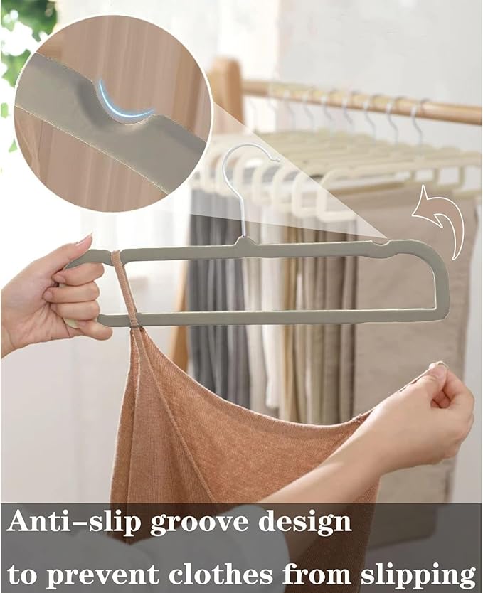 Velvet Pants Hangers with Non Slip Bar, 20 Pack Felt Slack/Trouser Hangers for Closet, Slim Space Saving Closet Perchas Terciopelo 360° Swivel Hook for Tank Top, Bra, Shorts, Jeans, Towel (Grey)