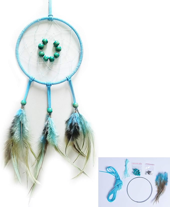FANDOL DIY Dream Catcher Beginner Kit, Making Dream Catcher Supplies Include Metal Hoop, Feathers, Faux Suede Cord, Thread, Wood Beads (Sky Blue)