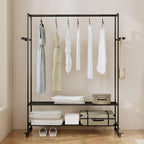 Black Rolling Garment Rack with Shelves and Hooks,Freestanding Metal Clothing Rack with Wheels,Large Clothes Hanging Rack for Bedroom,Closet, Entryway,Wardrobe,Boutique Display