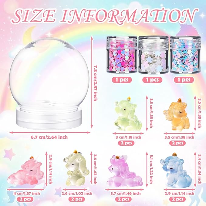 12 Sets Unicorn Clear Plastic Snow Globes Kit with Glow in the Dark Resin Unicorn, Sequins Flakes, Glue Guns for DIY Snow Globes Craft Gifts for Birthday Party Favor