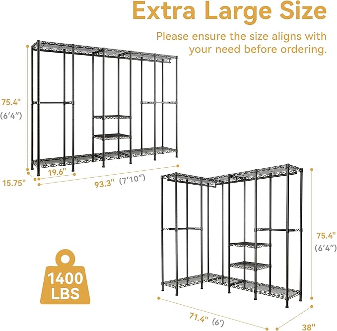 H5 Extra Large Wire Garment Rack, Heavy Duty Clothes Rack, Freestanding Clothing Rack for Hanging Clothes, Wardrobe Closet with Adjustable Shelf, 93.3" Wx15.7 Dx75.4 H, Black, Load 1400 lbs