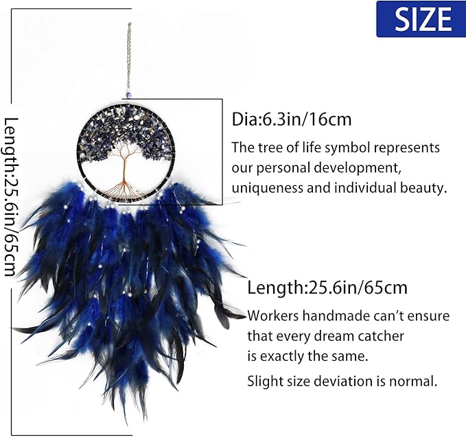 Pretty Jolly Fairy Blue Tree of Life Dream Catcher Wall Decor with Healing Crystal Stone Handmade Feather Dream Catchers Decoration Wall Hanging Bedroom Living Room Wedding Party Home Decor-25.6"
