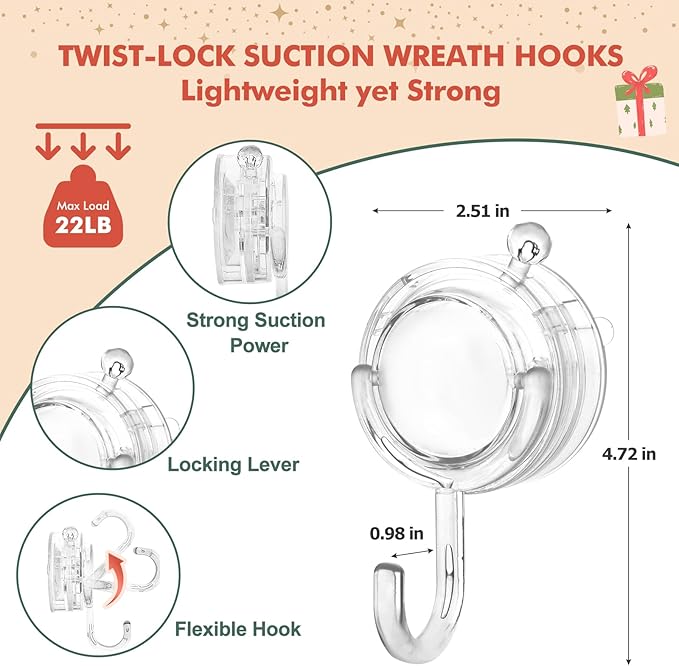 VIS'V Wreath Hanger, Large Twist Lock Suction Cup Wreath Hooks, Heavy Duty, 22 LB Capacity, Removable and Reusable, Round, Clear, 2 Pcs