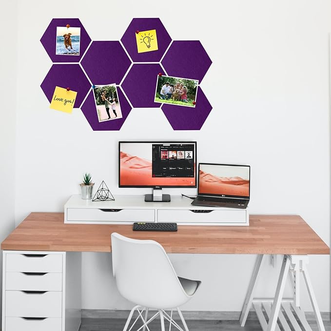 8 Pcs Hexagon Felt Cork Bulletin Board Tiles, Self Adhesive DIY Bulletin Board Pin Board for Office School Home Wall Decor Memos Photos Display(Purple)