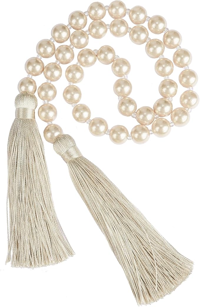 34 Inch Pearl Glass Bead Garland with Tassels - Elegant Boho Table Decor, Fringe Wall Hanging for Wedding, Party, Farmhouse Rustic Prayer Bead Home Decoration(1 Pack,Off White)