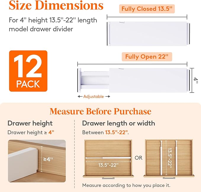 Lifewit 12 Pack 4" High Drawer Dividers 34-56cm/13.5-22" Adjustable Drawer Organizer for Clothes/Utensils, Expandable Drawer Separator in Dresser/Kitchen/Bedroom/Office Organization & Storage White