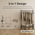 Solid Wood Clothing Rack, Rolling Clothes Rack for Hanging Clothes, Garment Rack with Shelves Load 350 Lbs, Portable Closet Organizer on Wheels for Hanging Clothes (Black)