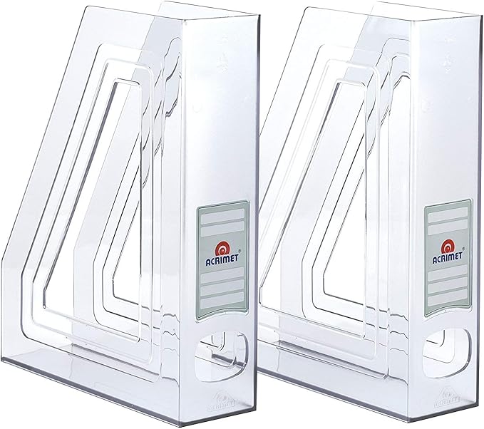 Acrimet Magazine File Holder Bin Storage, Vertical Rack for Documents, Folders and Mail, Durable Plastic Desk Organizer for Office & Home (Clear Crystal) (2 Pack)